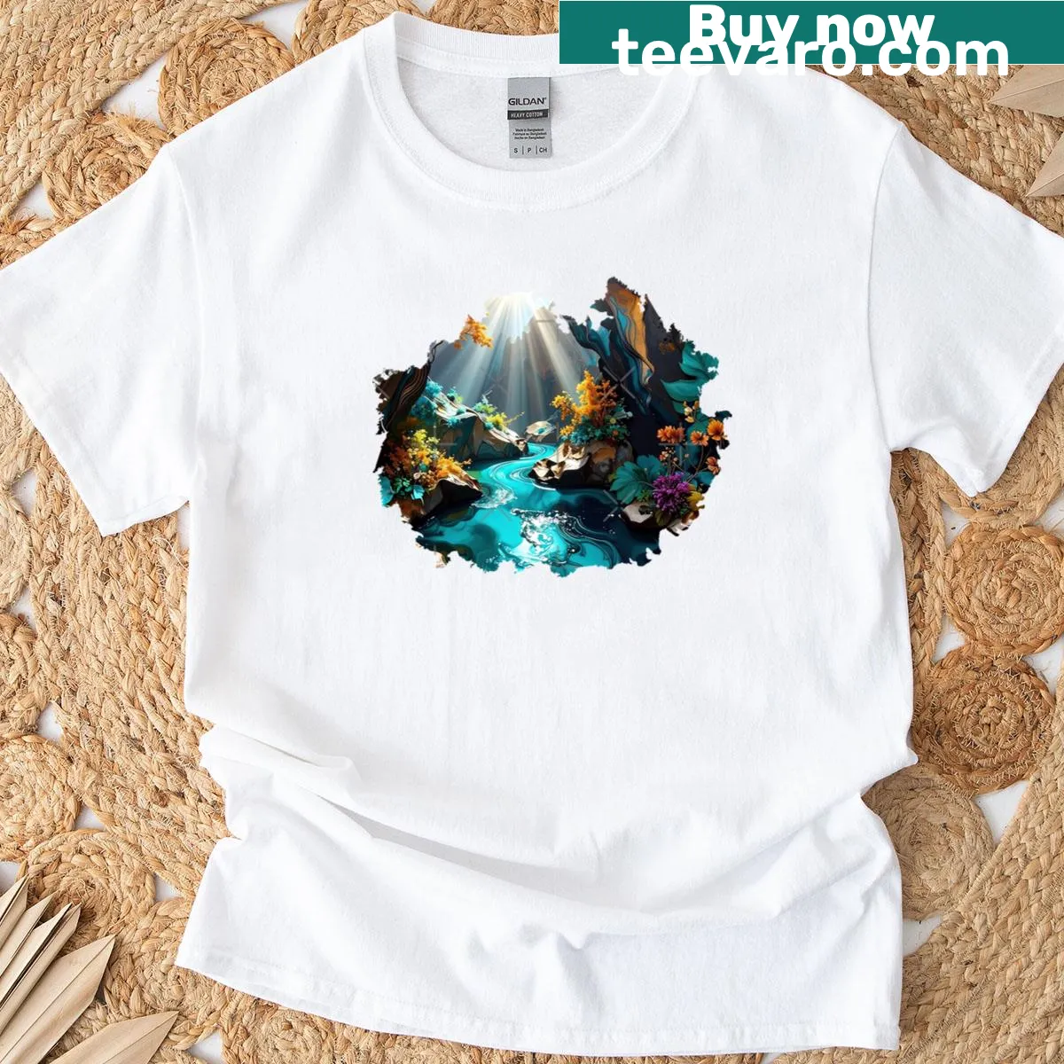 Fantasy river canyon scene with sunbeams on a T-shirt — on a men's t-shirt