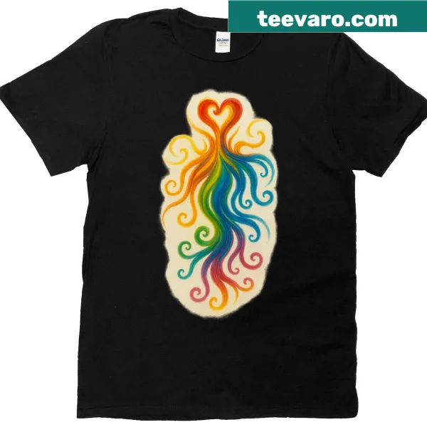 Abstract design symbolizing energy with a rainbow flow on a t-shirt.
