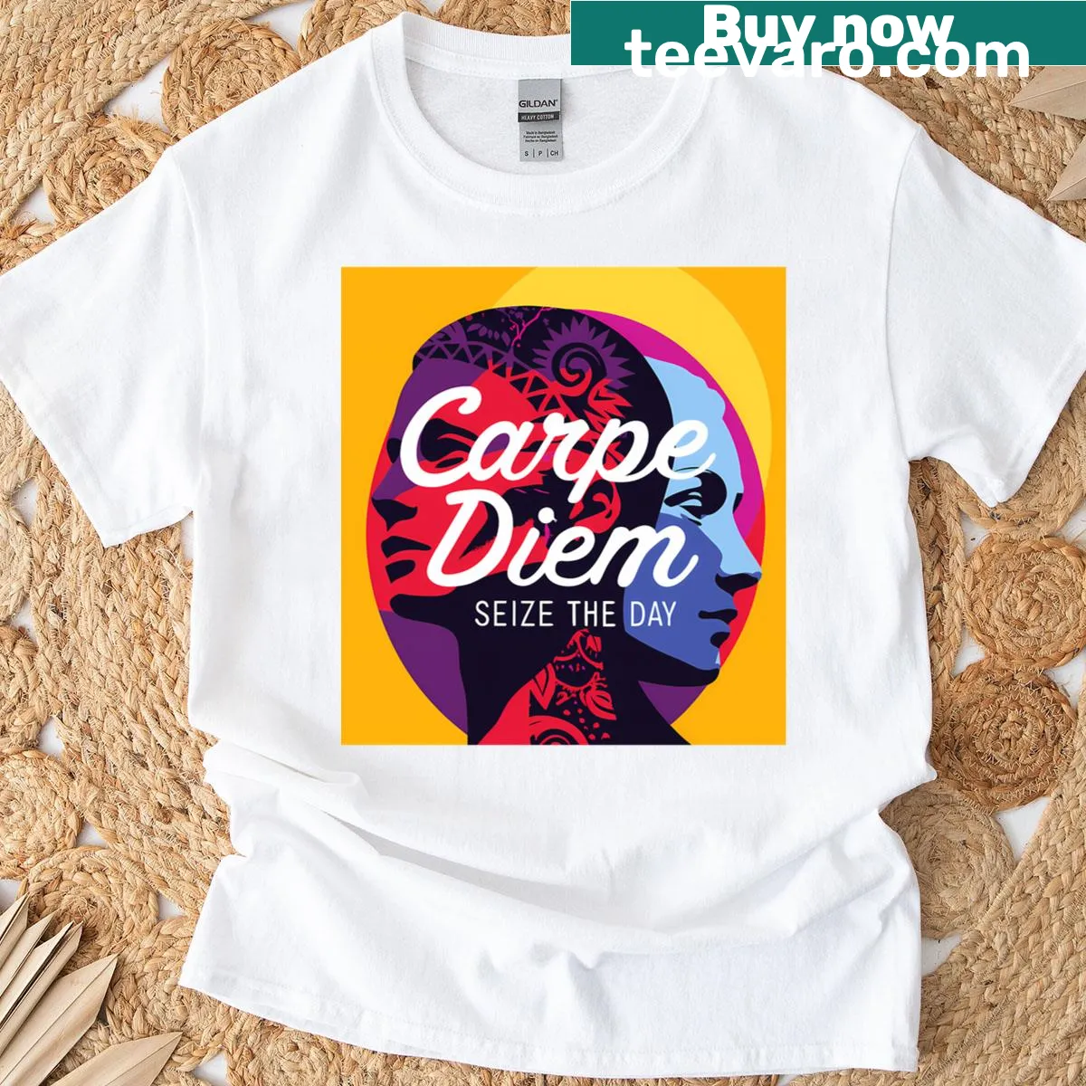 Illustrative T-shirt featuring 'Carpe Diem' phrase in artistic design — on a men's t-shirt