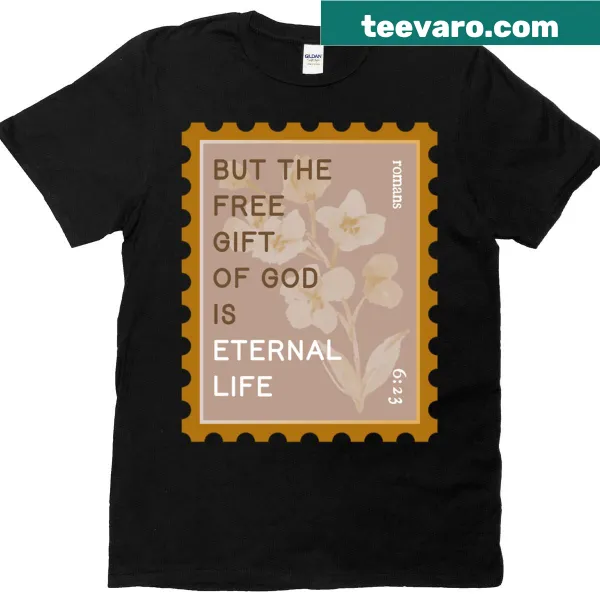 Typographic design of Romans 6:23 on an oversized T-shirt