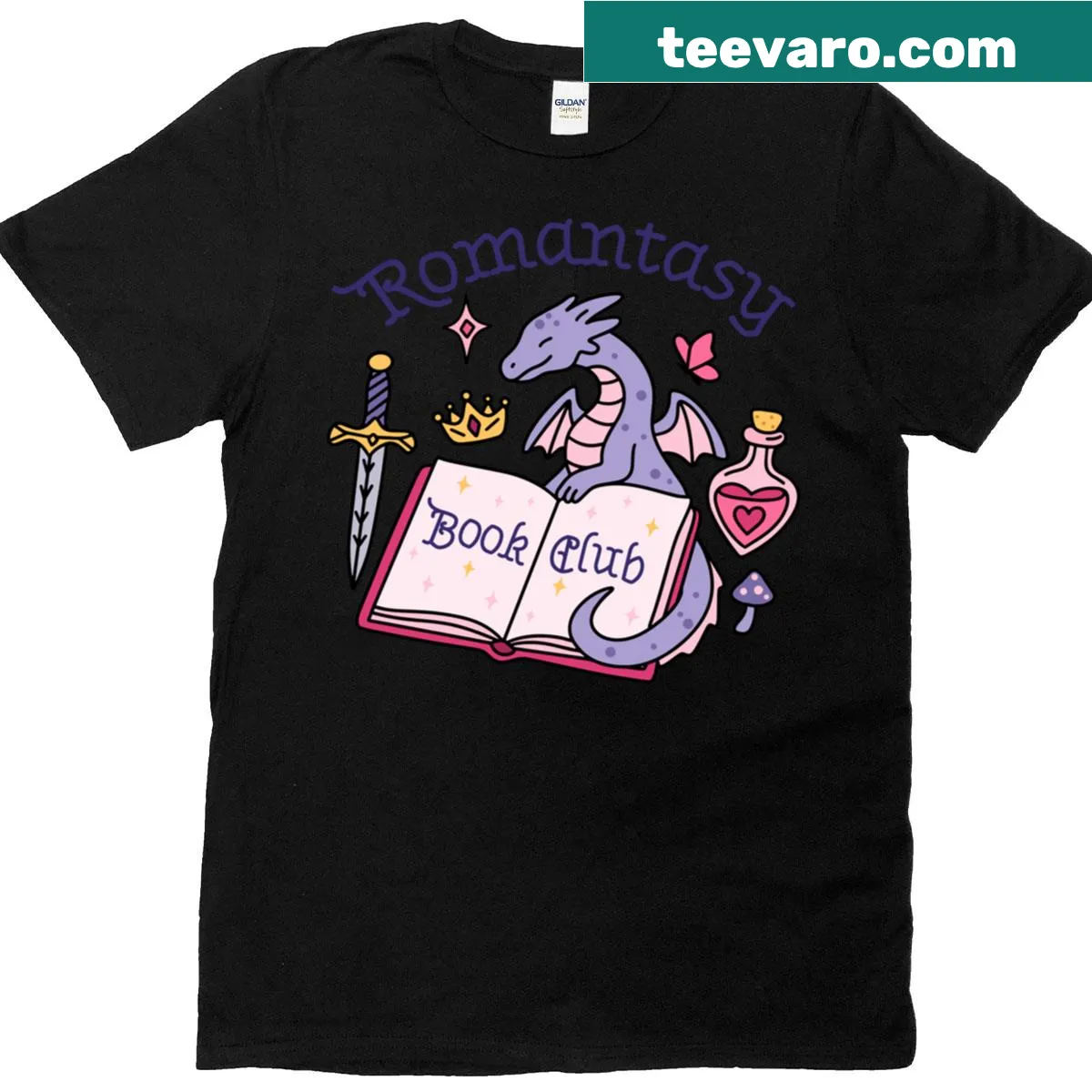Oversized t-shirt with a whimsical Romantasy book club graphic — on a men's t-shirt