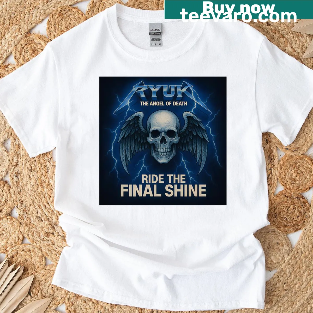 Illustrated Ryuk t-shirt depicting a dramatic fantasy scene — on a men's t-shirt