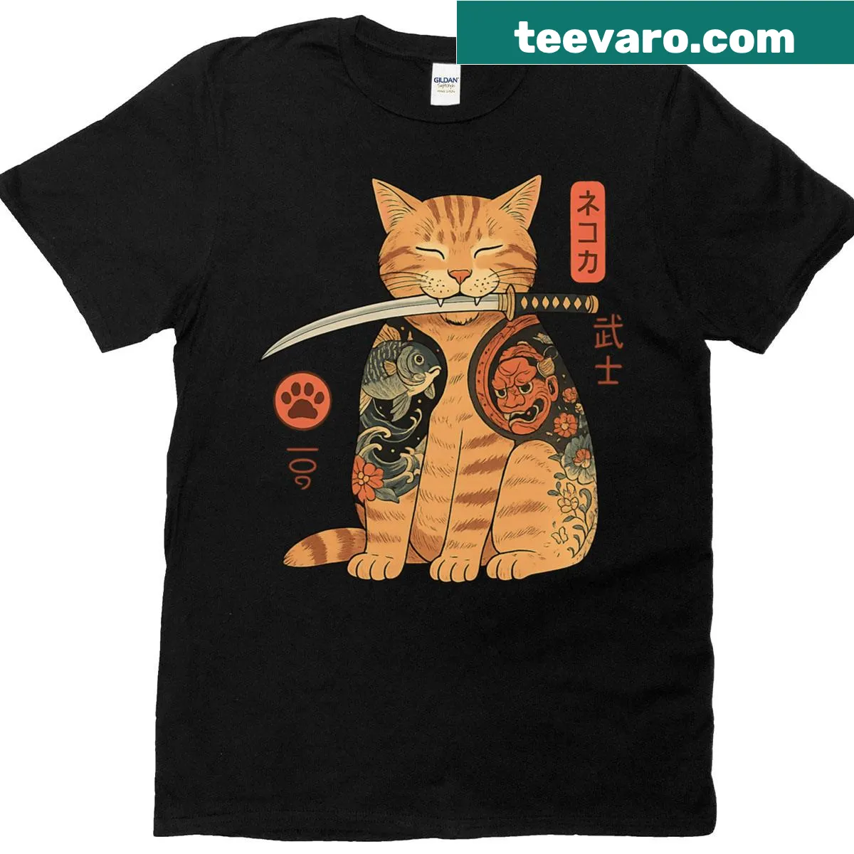 Oversized T-shirt featuring a cute samurai cat illustration — on a men's t-shirt