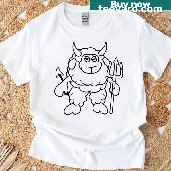 Cartoonish sheep devil with trident horns on T-shirt