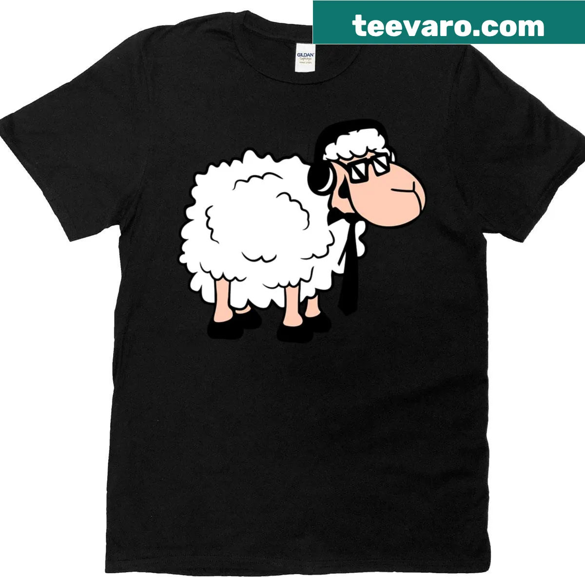 Fun t-shirt featuring a sheep in sunglasses and headphones — on a men's t-shirt