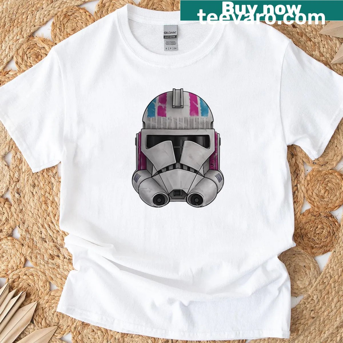Oversized t-shirt featuring a playful sister helmet graphic — on a men's t-shirt