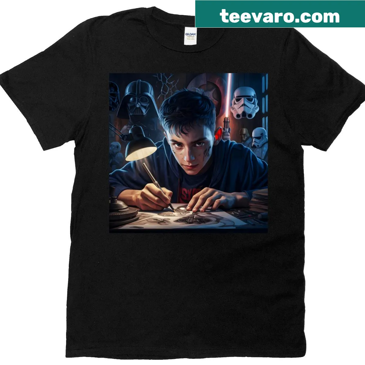 Minimalist line-art design featuring artistic tools on a t-shirt — on a men's t-shirt
