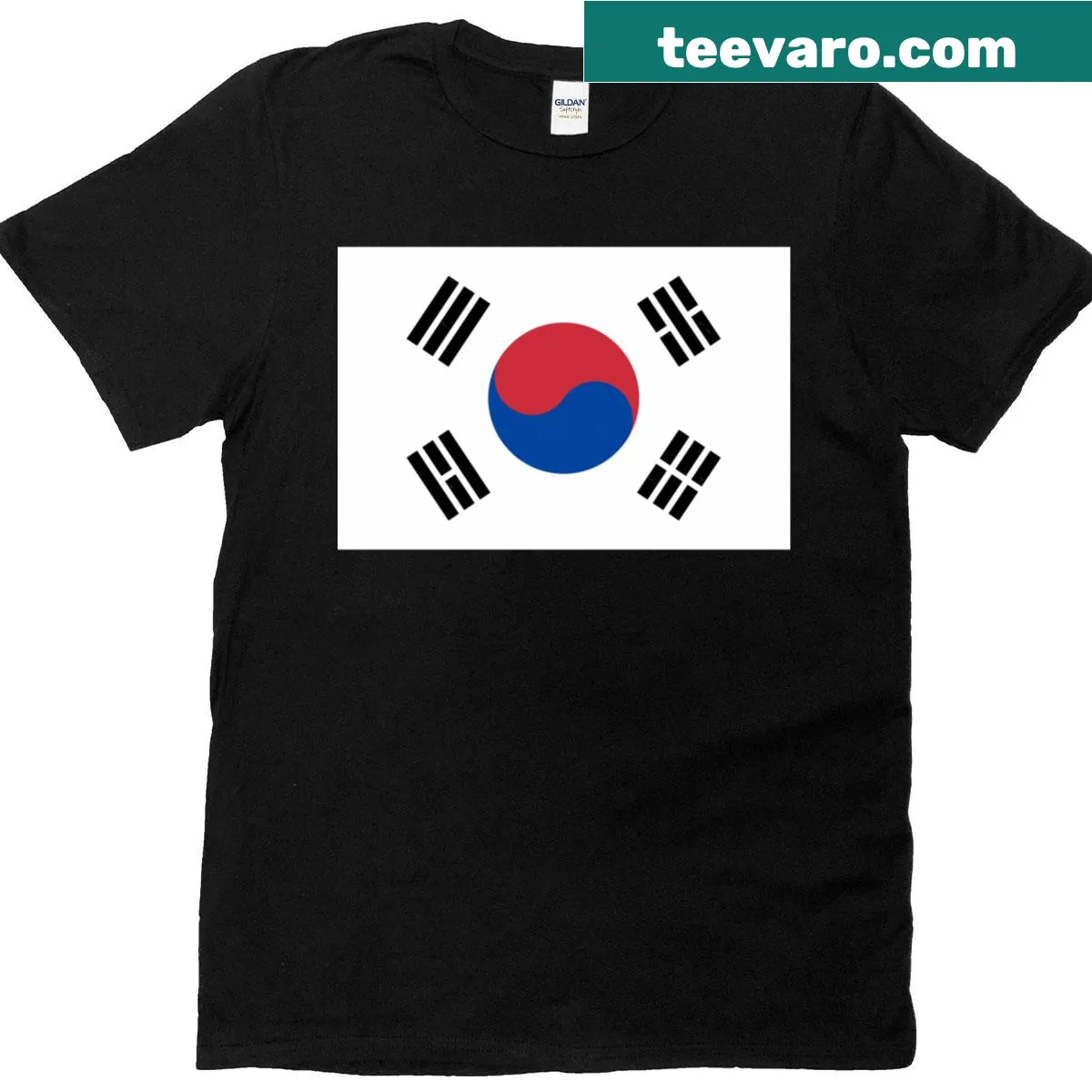 T-shirt featuring South Korean flag design and bumper sticker style — on a men's t-shirt