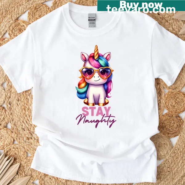 Cartoon T-shirt featuring a cheeky unicorn and playful text