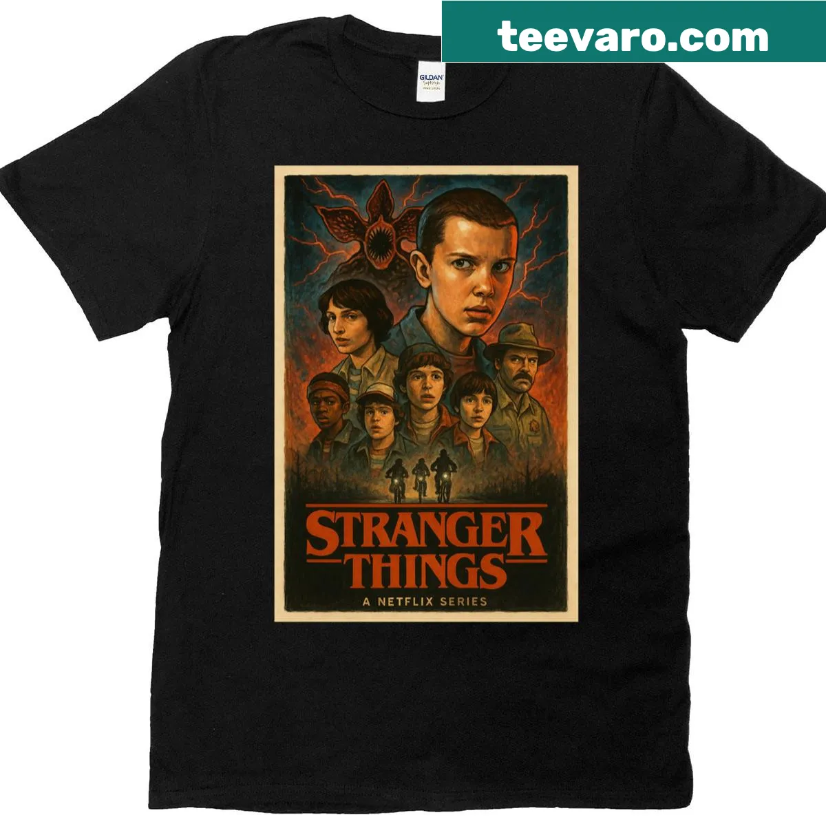 Oversized T-shirt with illustration inspired by Stranger Things series. — on a men's t-shirt