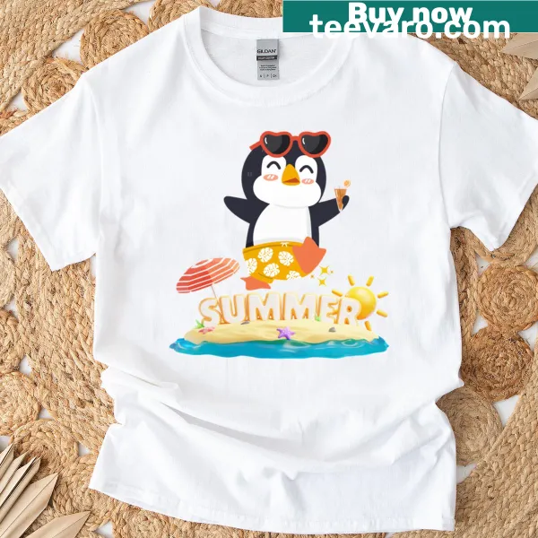 Playful penguin enjoying summer on a vibrant T-shirt