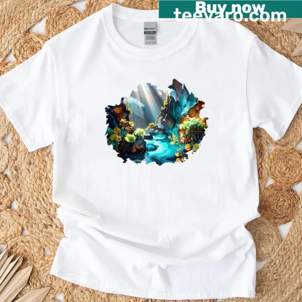 Illustrated fantasy river gorge with blooming flowers on a T-shirt