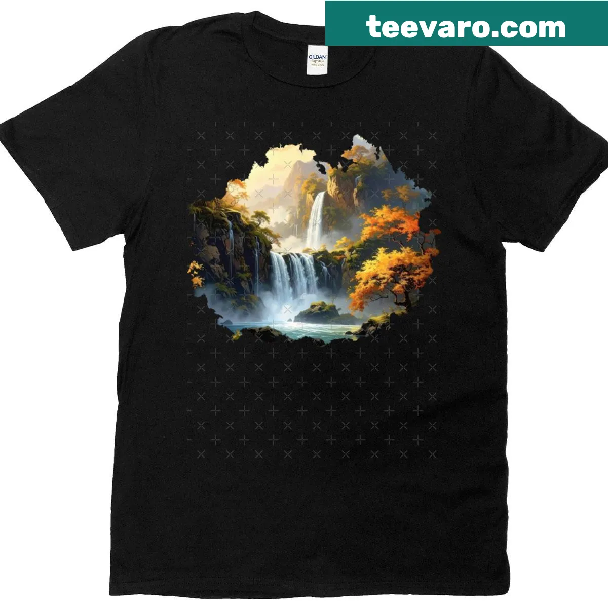 Fantasy t-shirt featuring an illustration of a sunrise over Twin Falls — on a men's t-shirt