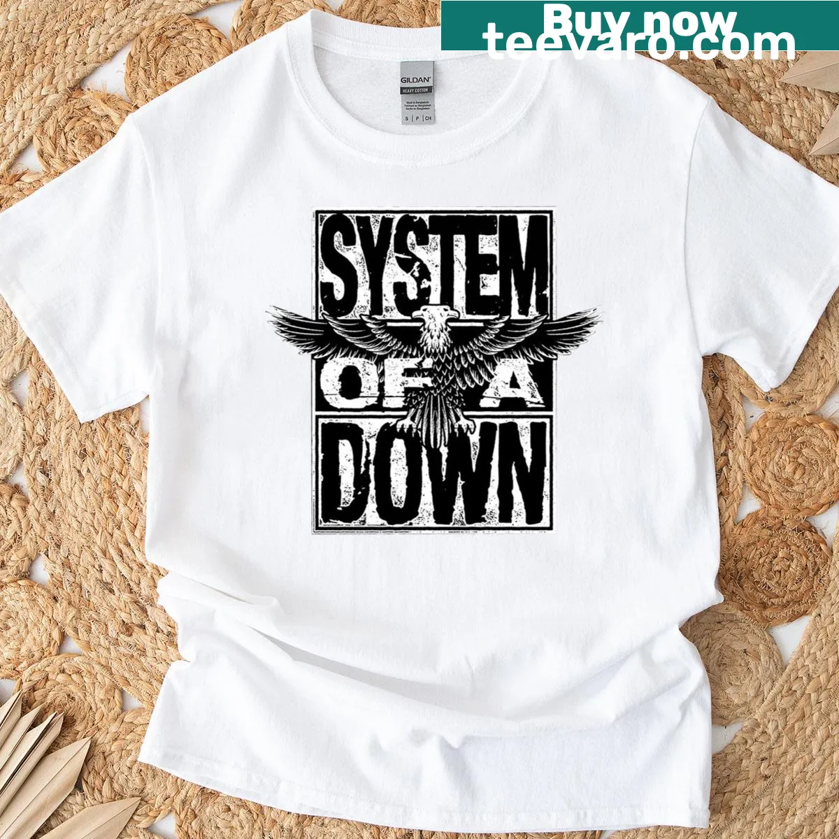 Illustrative T-shirt featuring iconic elements of System Of A Down — on a men's t-shirt