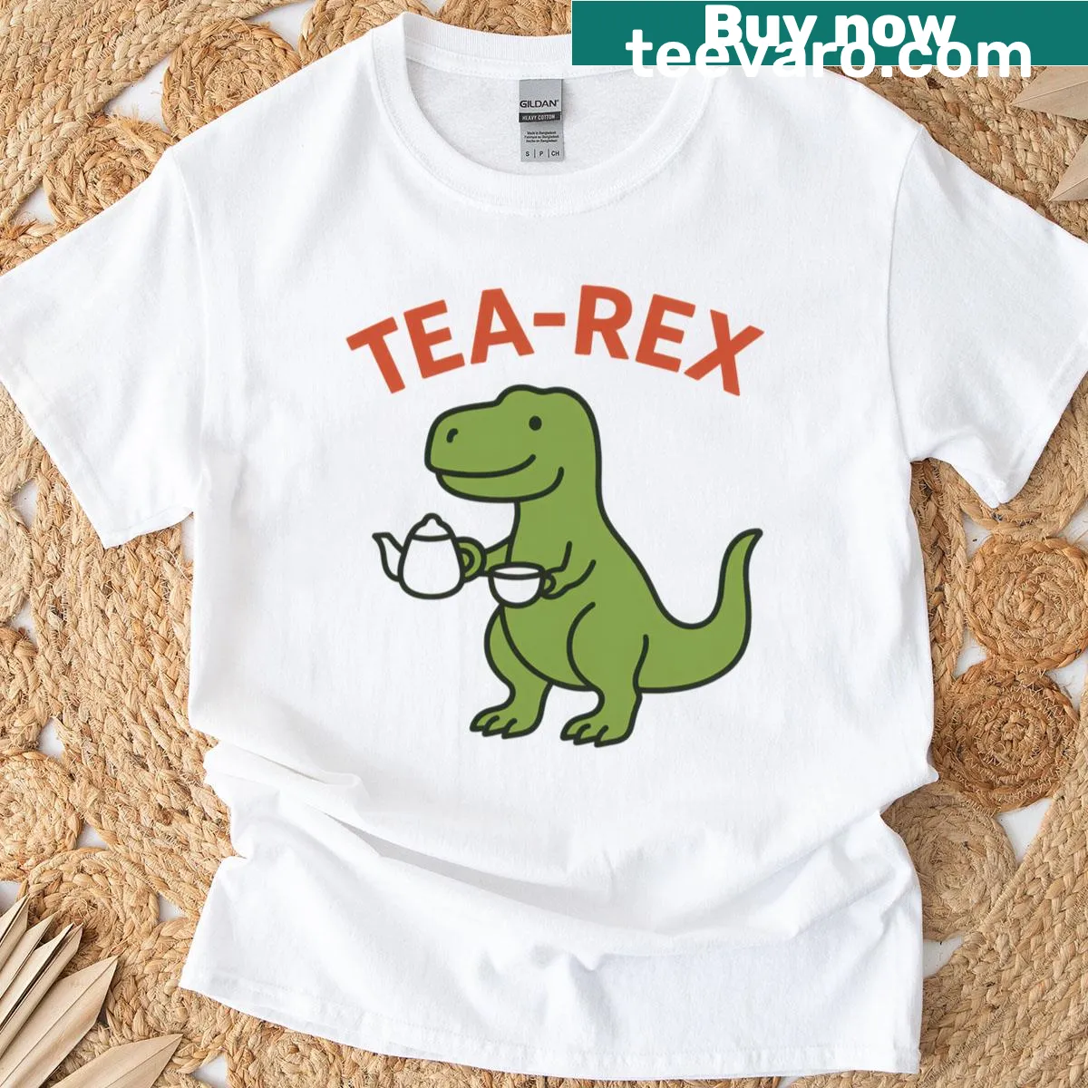 Funny Tea-rex dinosaur pun T-shirt with playful graphic — on a men's t-shirt