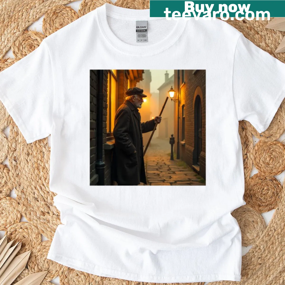 Vintage-inspired T-shirt featuring a knocker-up alarm clock design. — on a men's t-shirt