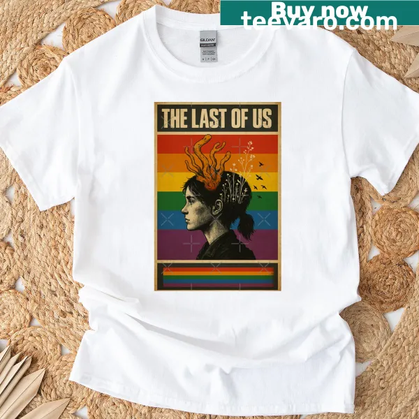 Illustration of a fungal head from The Last Of Us with a rainbow flag on a t-shirt