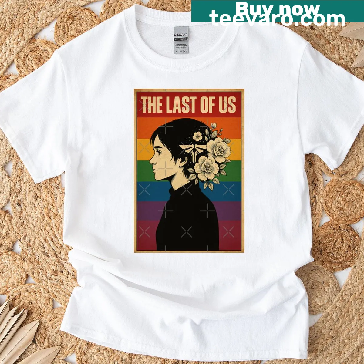Illustration of a rainbow portrait with fireflies from The Last Of Us on a t-shirt — on a men's t-shirt