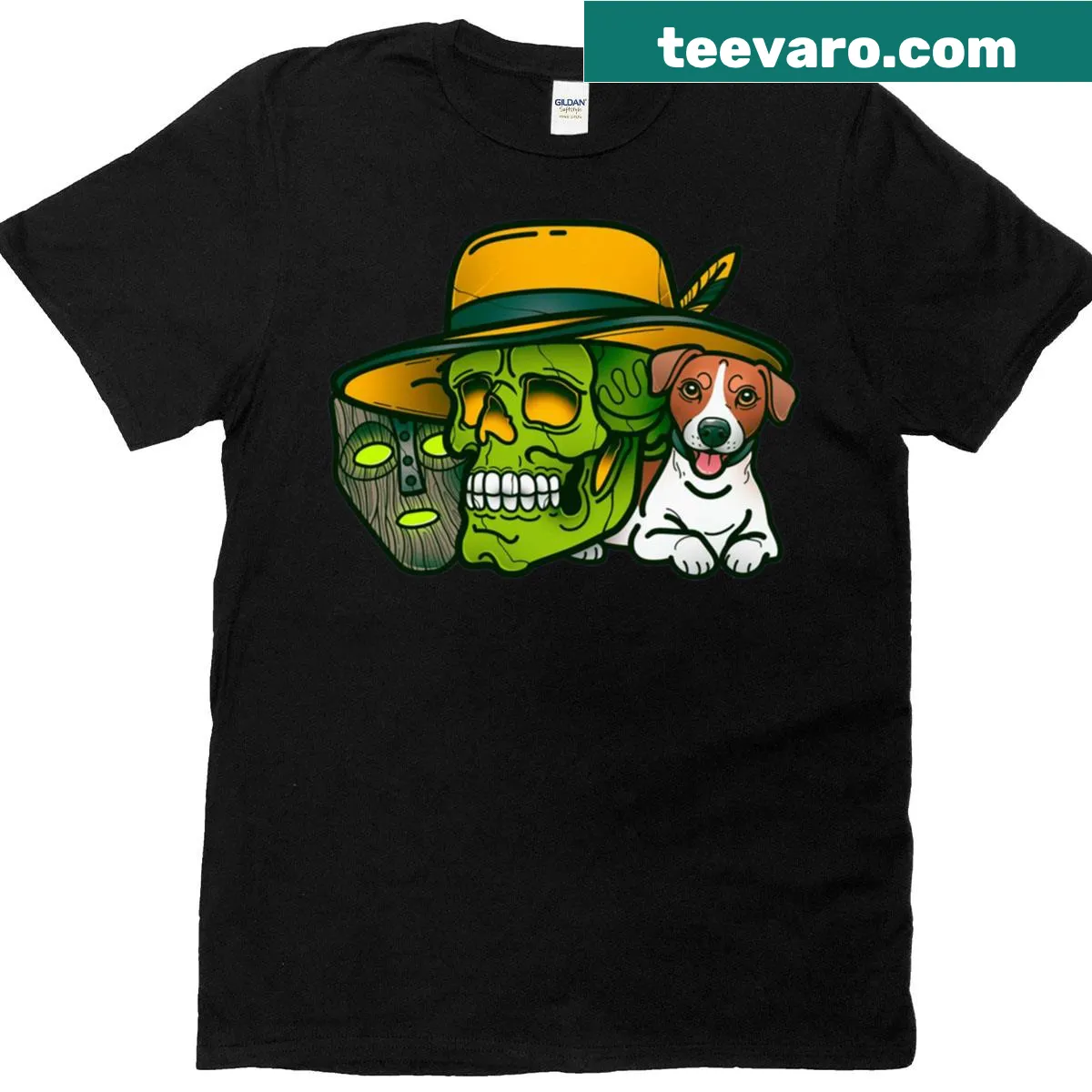 Playful T-shirt featuring a whimsical mask graphic — on a men's t-shirt