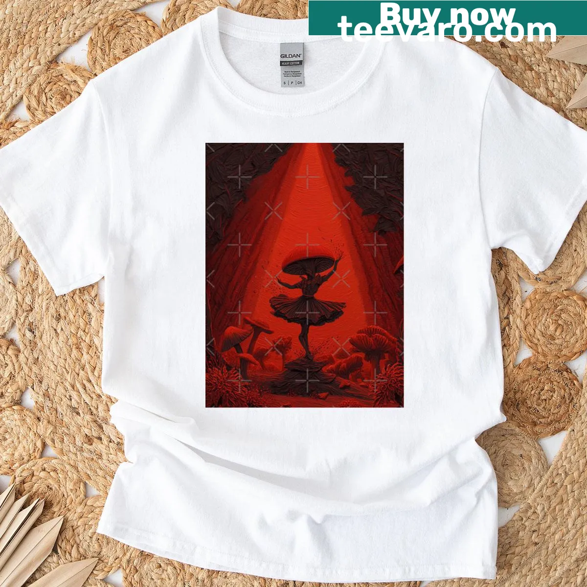 Whimsical Spore Dancer graphic on T-shirt — on a men's t-shirt