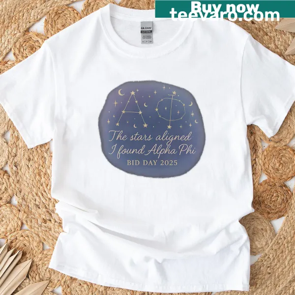 T-shirt celebrating Alpha Phi Bid Day 2025 with constellation graphic