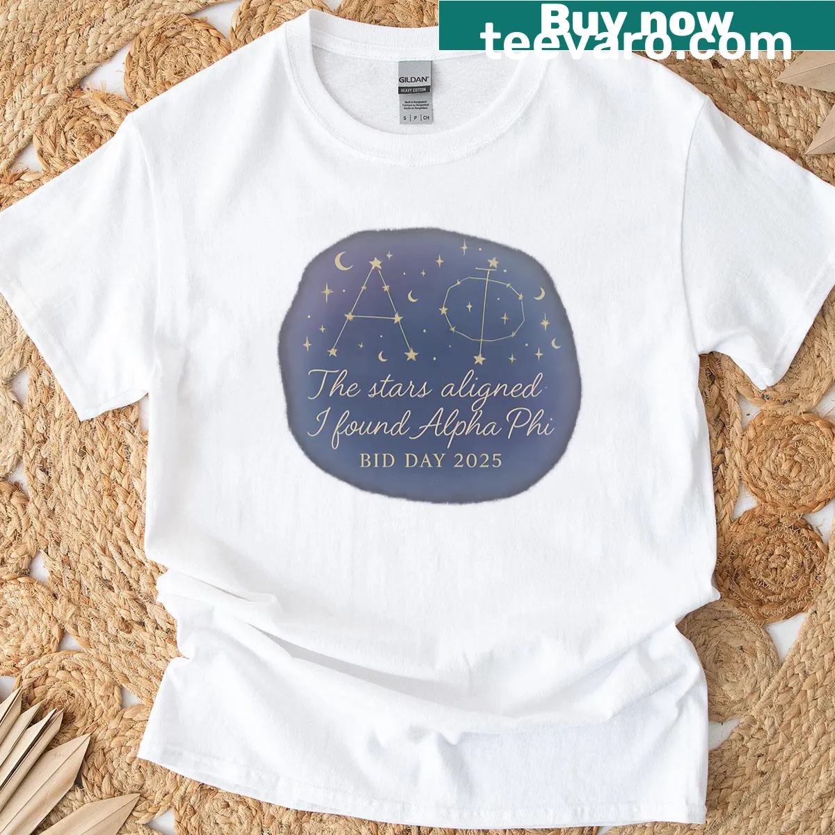 T-shirt celebrating Alpha Phi Bid Day 2025 with constellation graphic — on a men's t-shirt