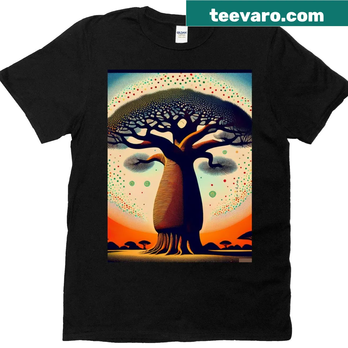 Graphic depiction of a baobab tree on a T-shirt — on a men's t-shirt