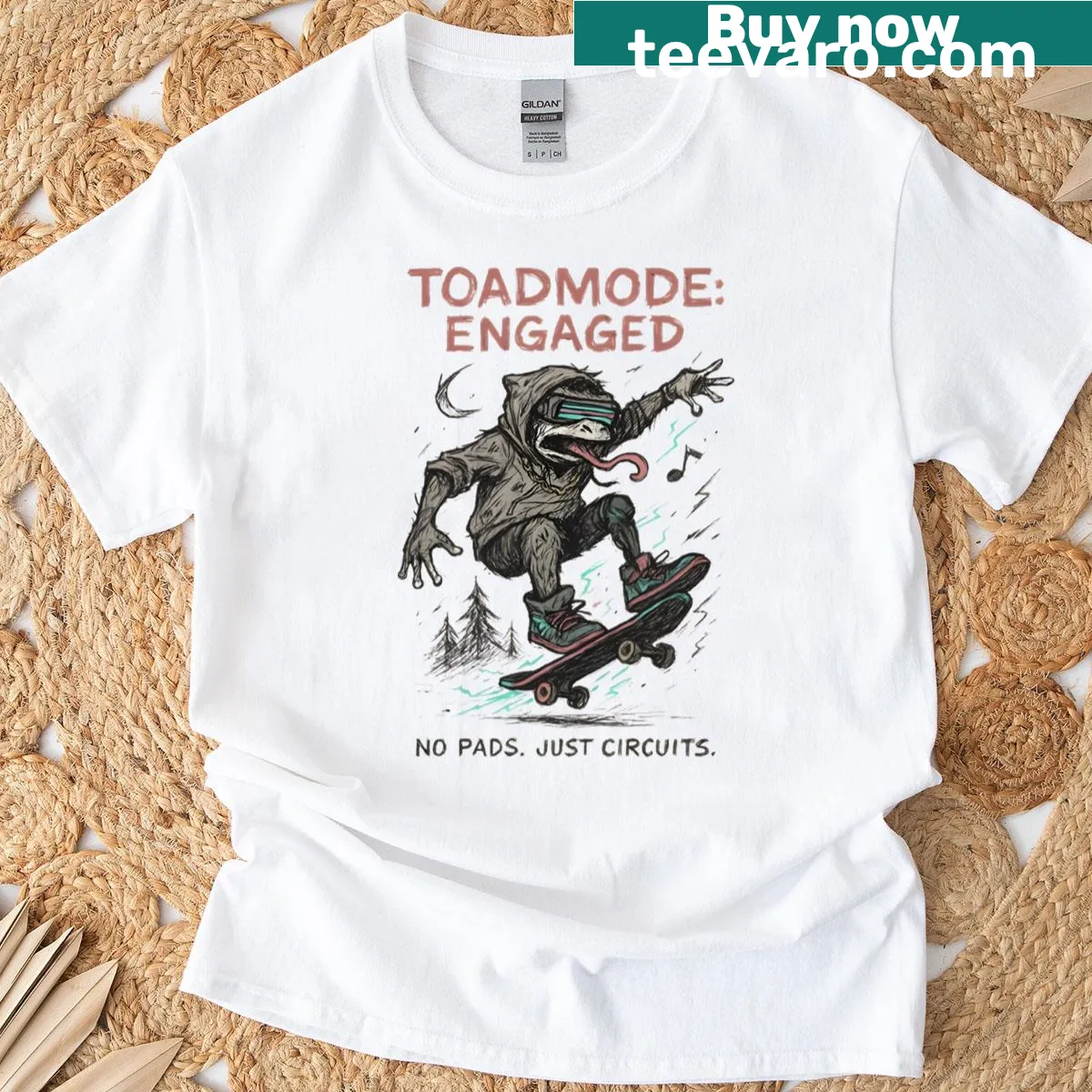 Cyberpunk skateboard frog illustration on a playful T-shirt — on a men's t-shirt
