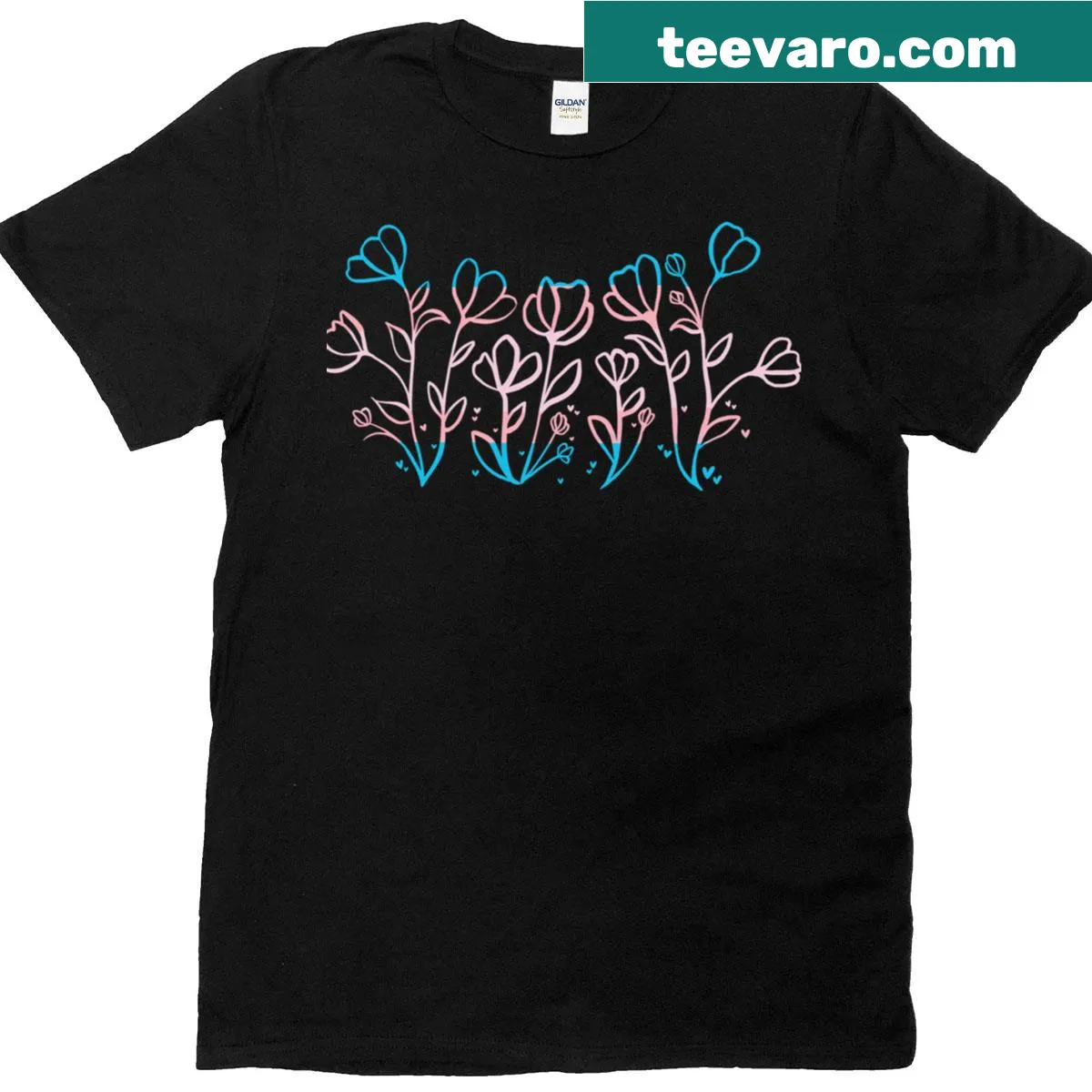 Floral design T-shirt representing trans pride and inclusivity — on a men's t-shirt
