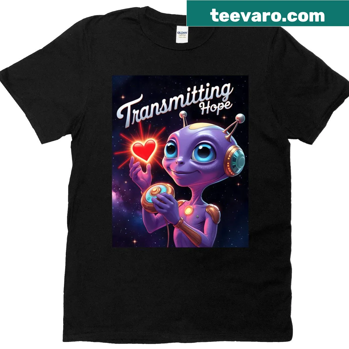 T-shirt with an alien sending a heart signal from space — on a men's t-shirt