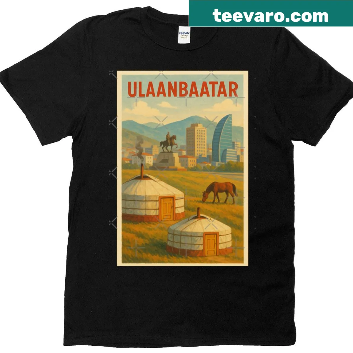 Illustration of Ulaanbaatar skyline and yurts on a t-shirt — on a men's t-shirt