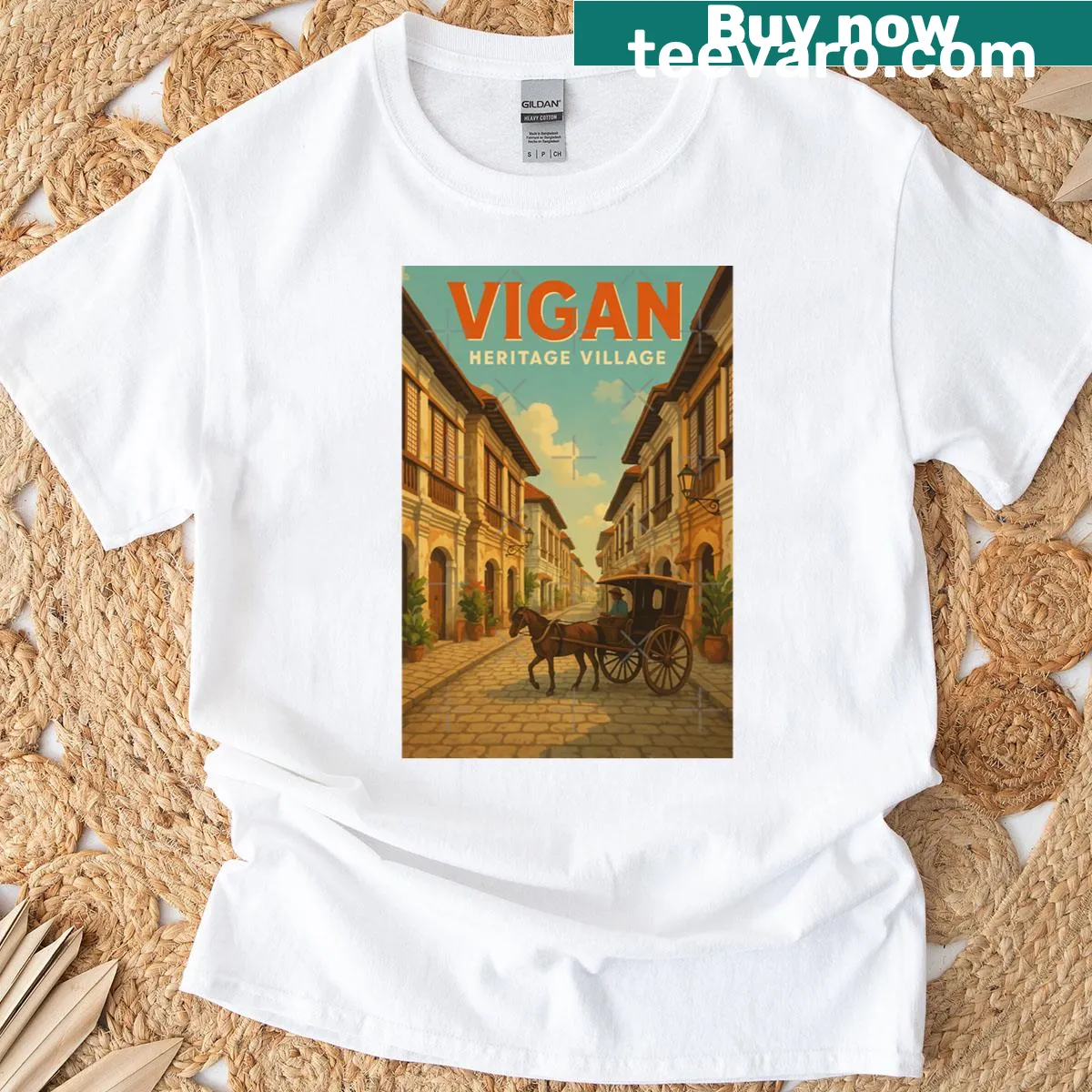 Illustration of Vigan Heritage Village with horse-drawn carriage — on a men's t-shirt