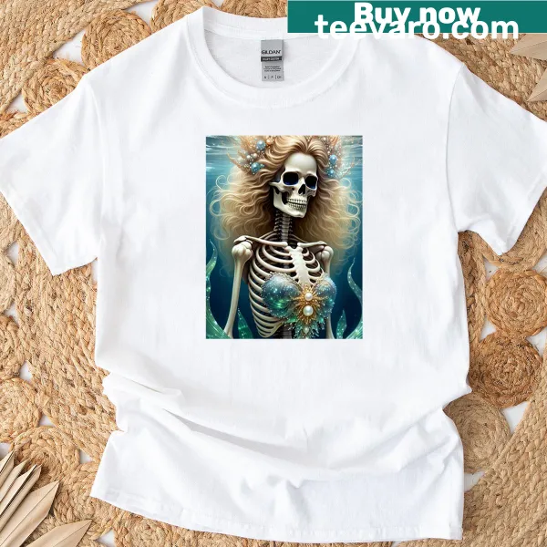 Vintage style illustration of a skeletal mermaid on a chic T-shirt