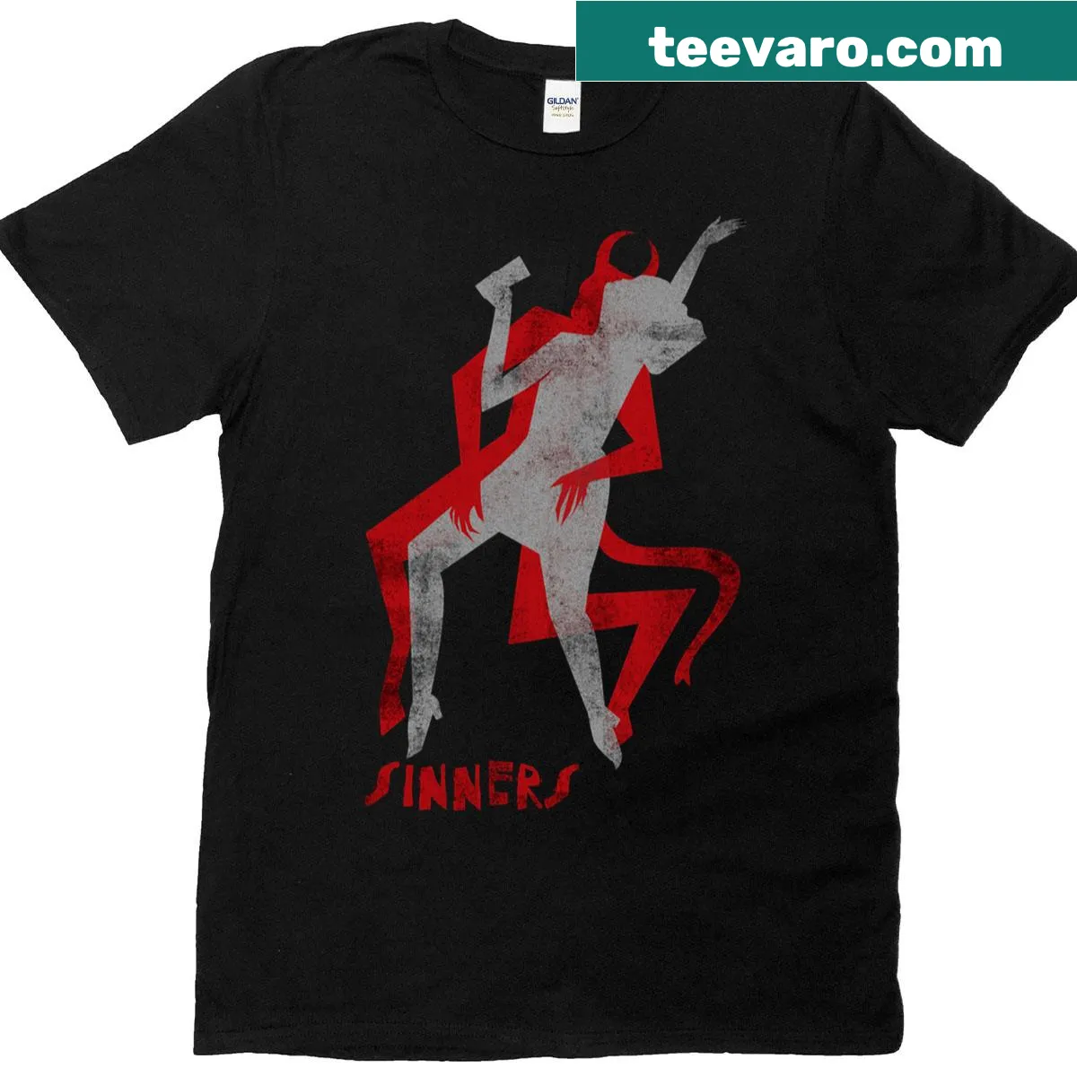 T-shirt with 'We Are All Sinners' text graphic — on a men's t-shirt