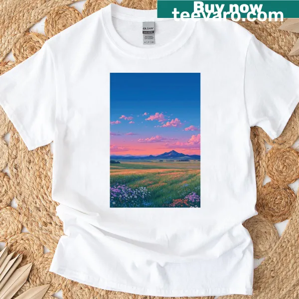 Illustration of a blooming valley on a serene T-shirt