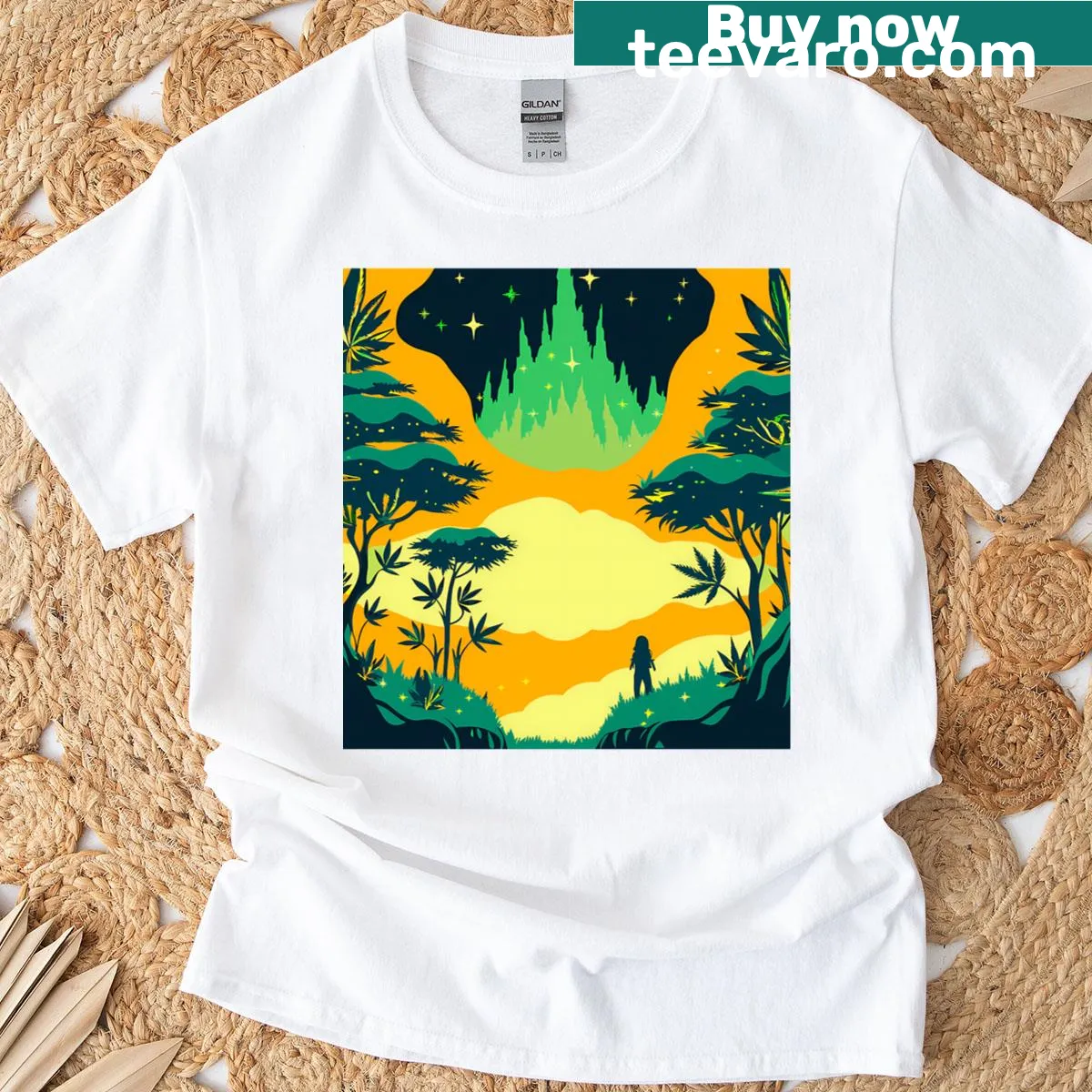 Surreal nature scenes and imaginative animals illustration on a T-shirt — on a men's t-shirt