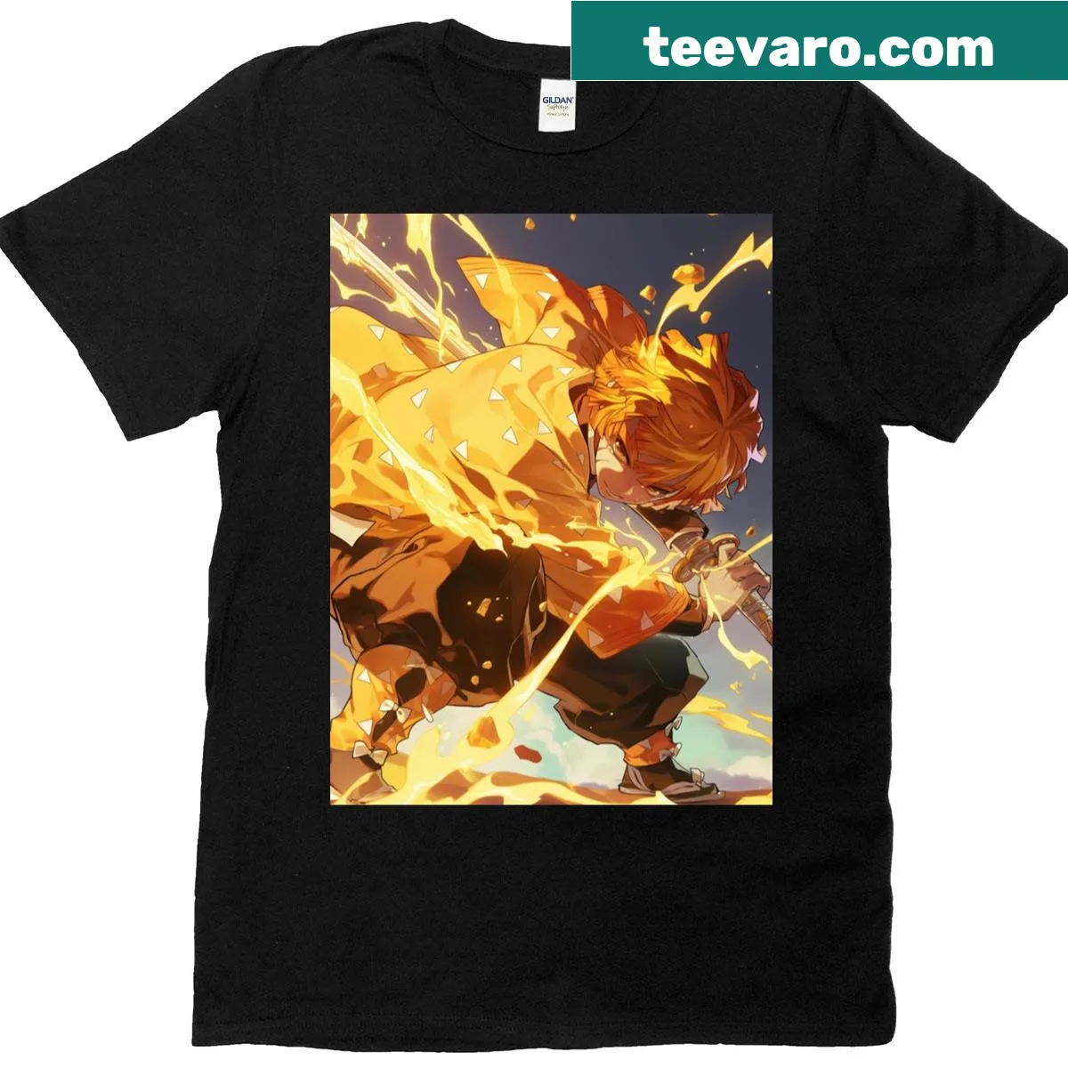 Illustrated oversized t-shirt featuring Zenitsu character — on a men's t-shirt