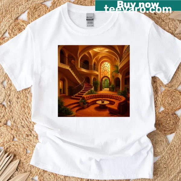 T-shirt featuring a detailed graphic of a 1970s mansion