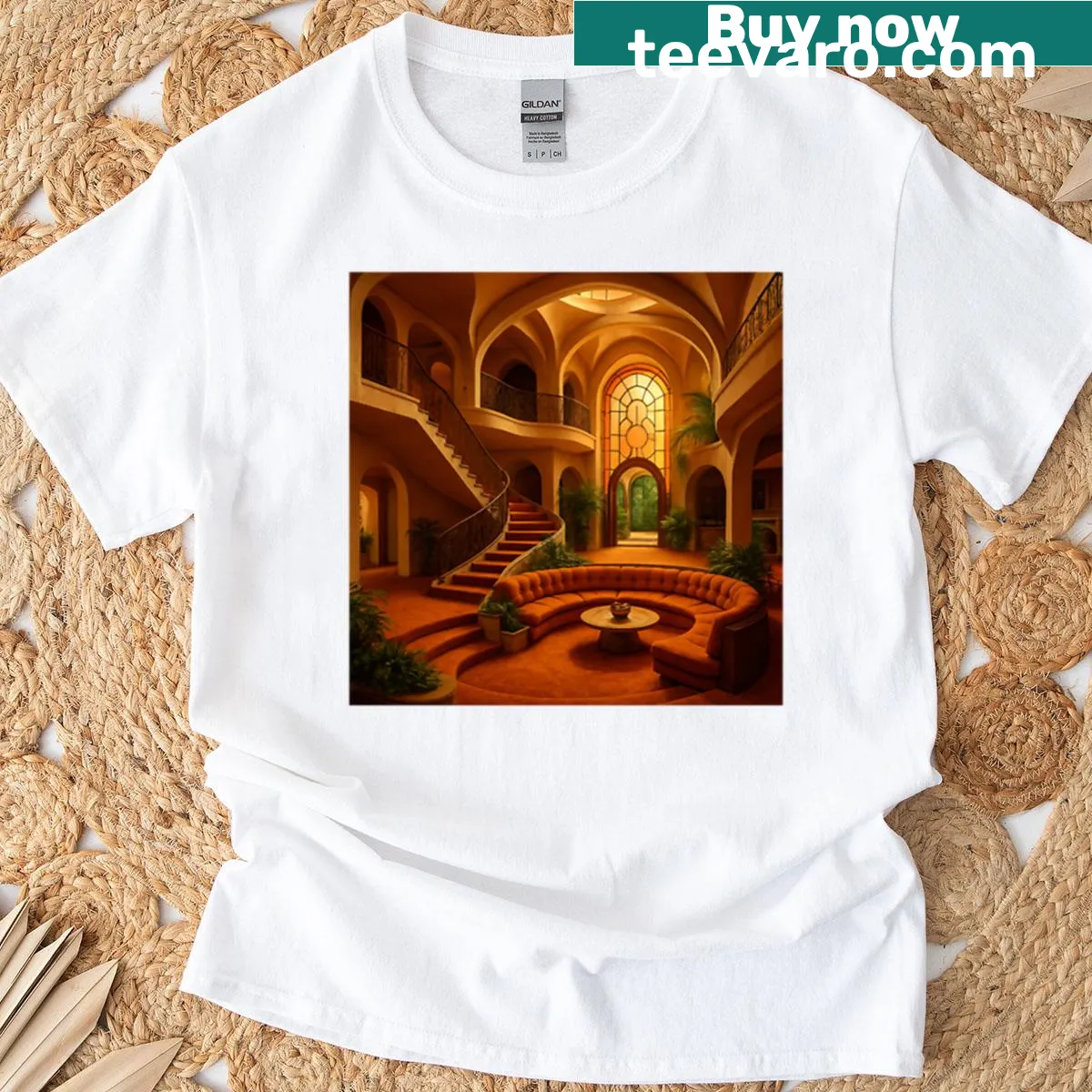 T-shirt featuring a detailed graphic of a 1970s mansion — on a men's t-shirt