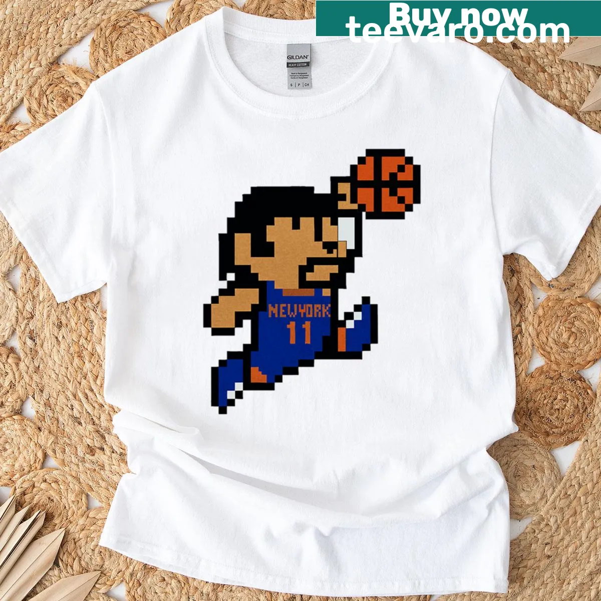 8-bit pixel art Brunson Knicks graphic on oversized t-shirt — on a men's t-shirt