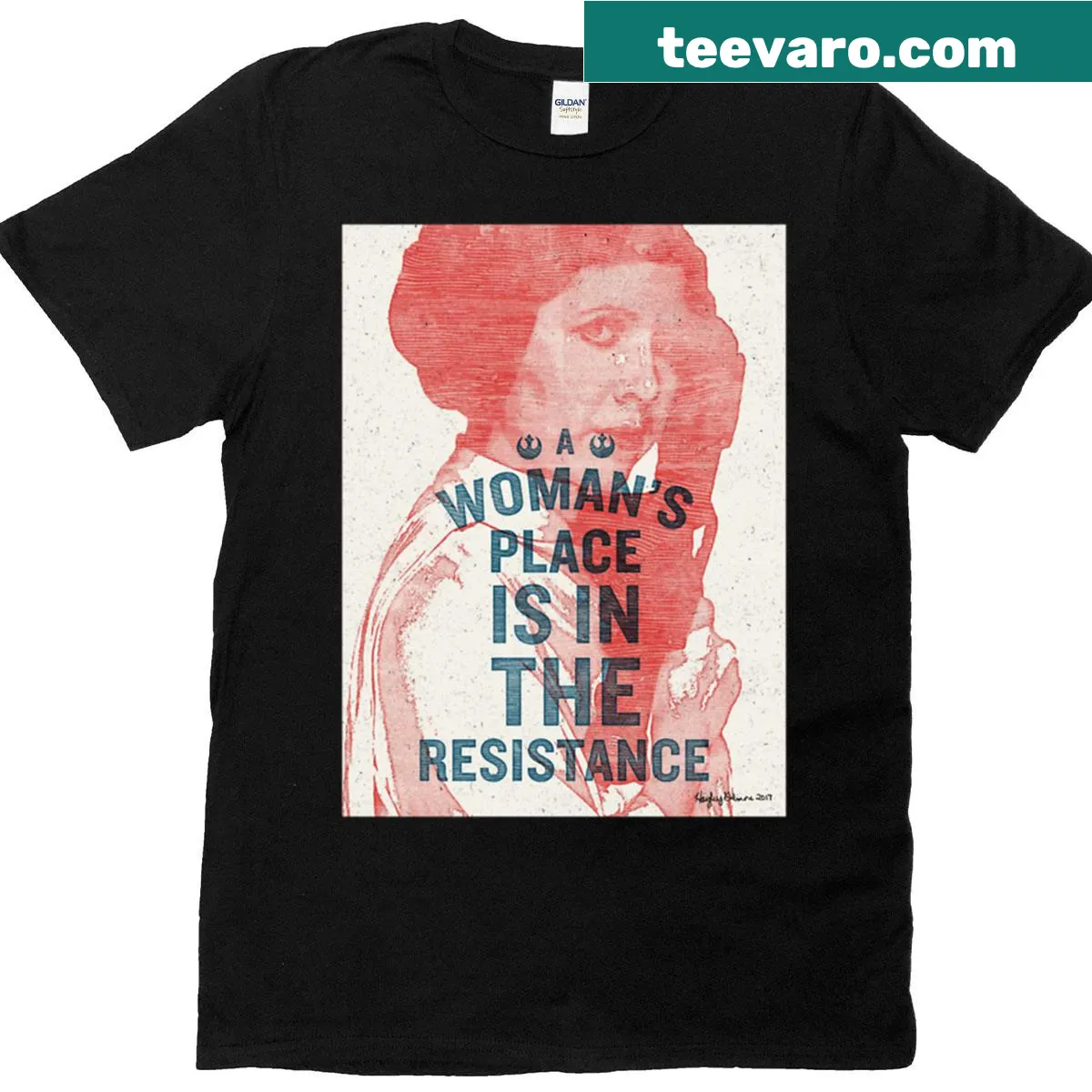 Bold typography t-shirt with the phrase 'A Woman's Place Is In The Resistance' — on a men's t-shirt