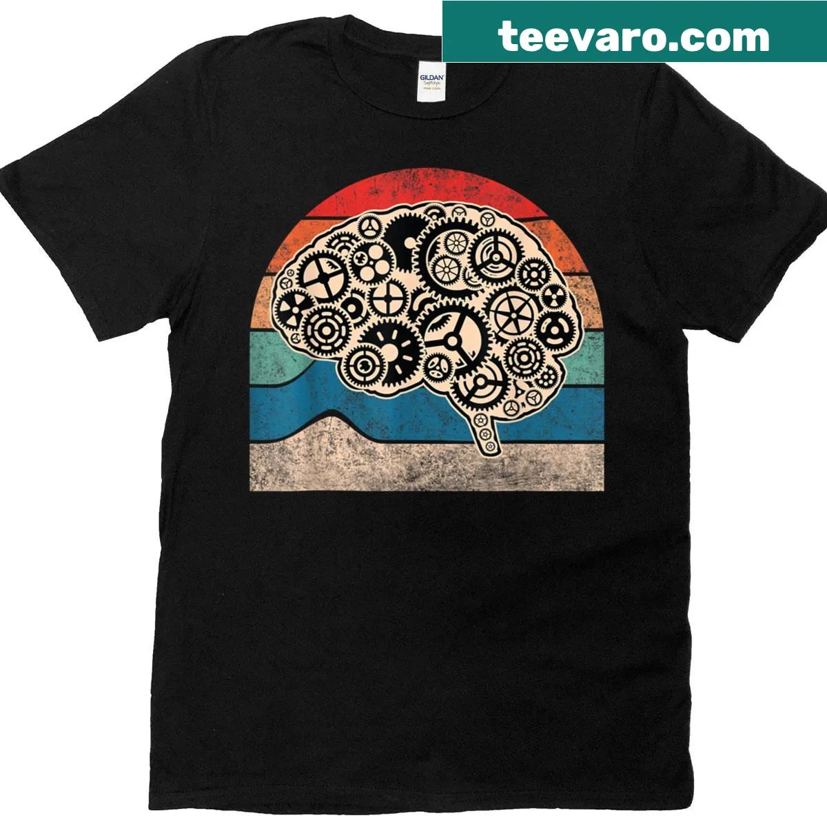 Graphic t-shirt featuring a brain and gears symbolizing AI — on a men's t-shirt