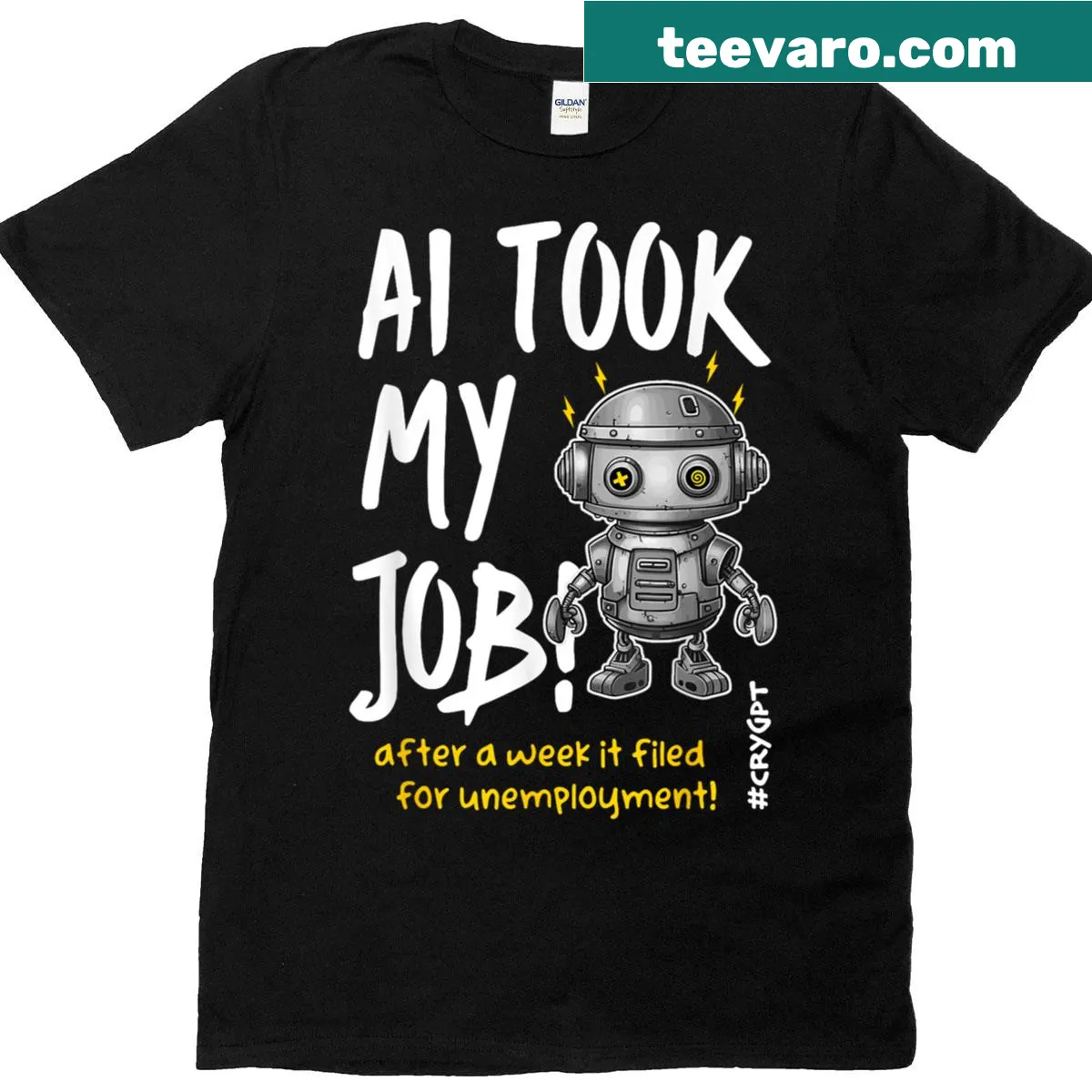 Sarcastic T-shirt with the phrase 'Ai Took My Job' in bold typography — on a men's t-shirt