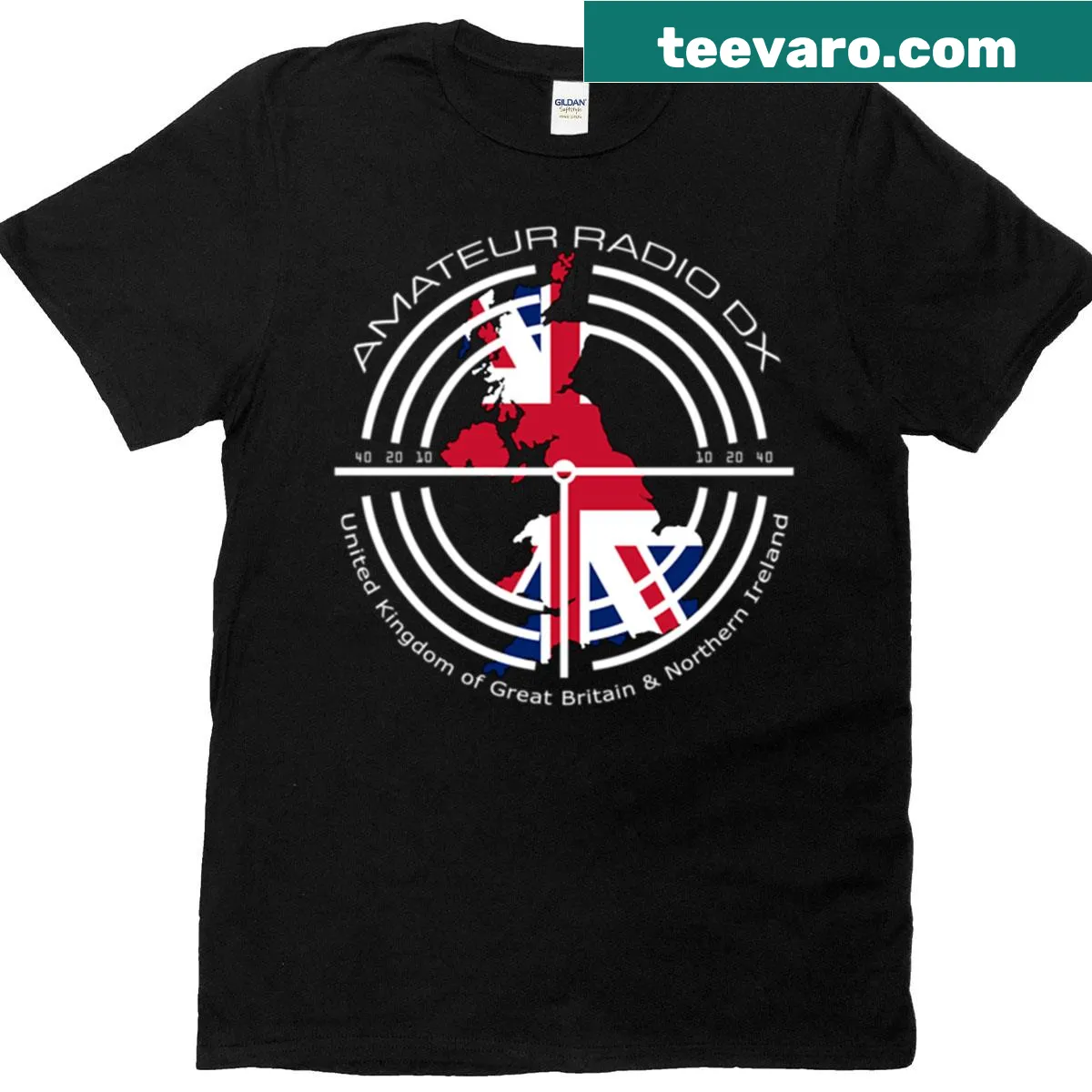 Typography design celebrating amateur radio DXing with UK elements — on a men's t-shirt