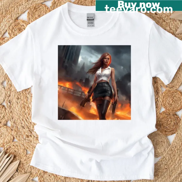 Illustration of an angel with a weapon on an apocalyptic themed T-shirt