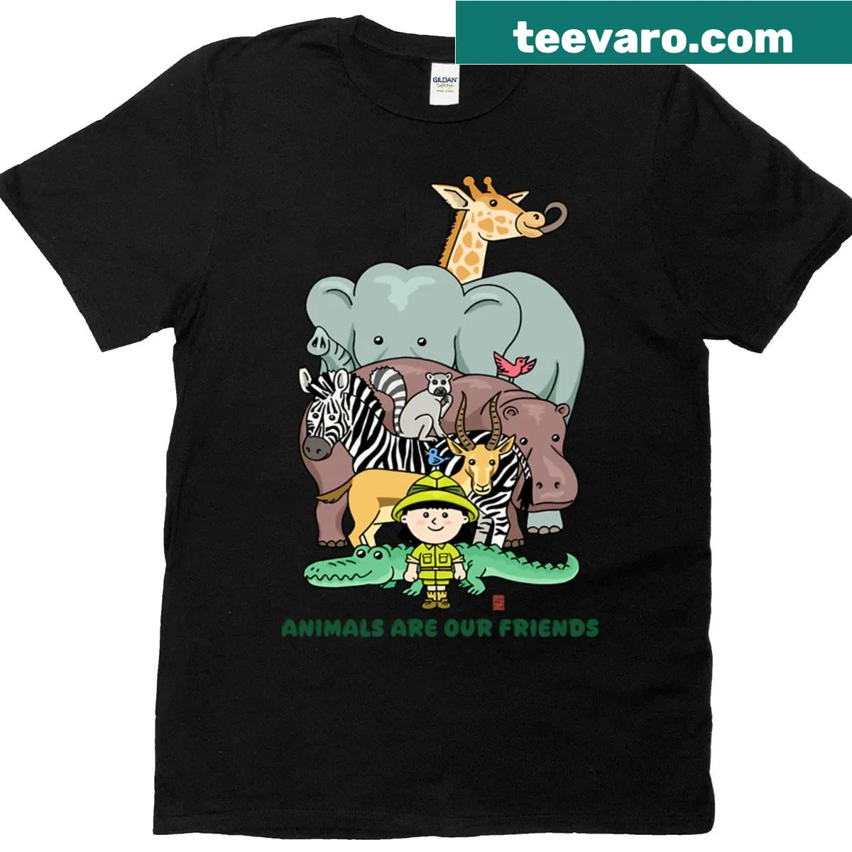 Oversized t-shirt with the phrase 'Animals Are Our Friends' and illustrations of animals — on a men's t-shirt