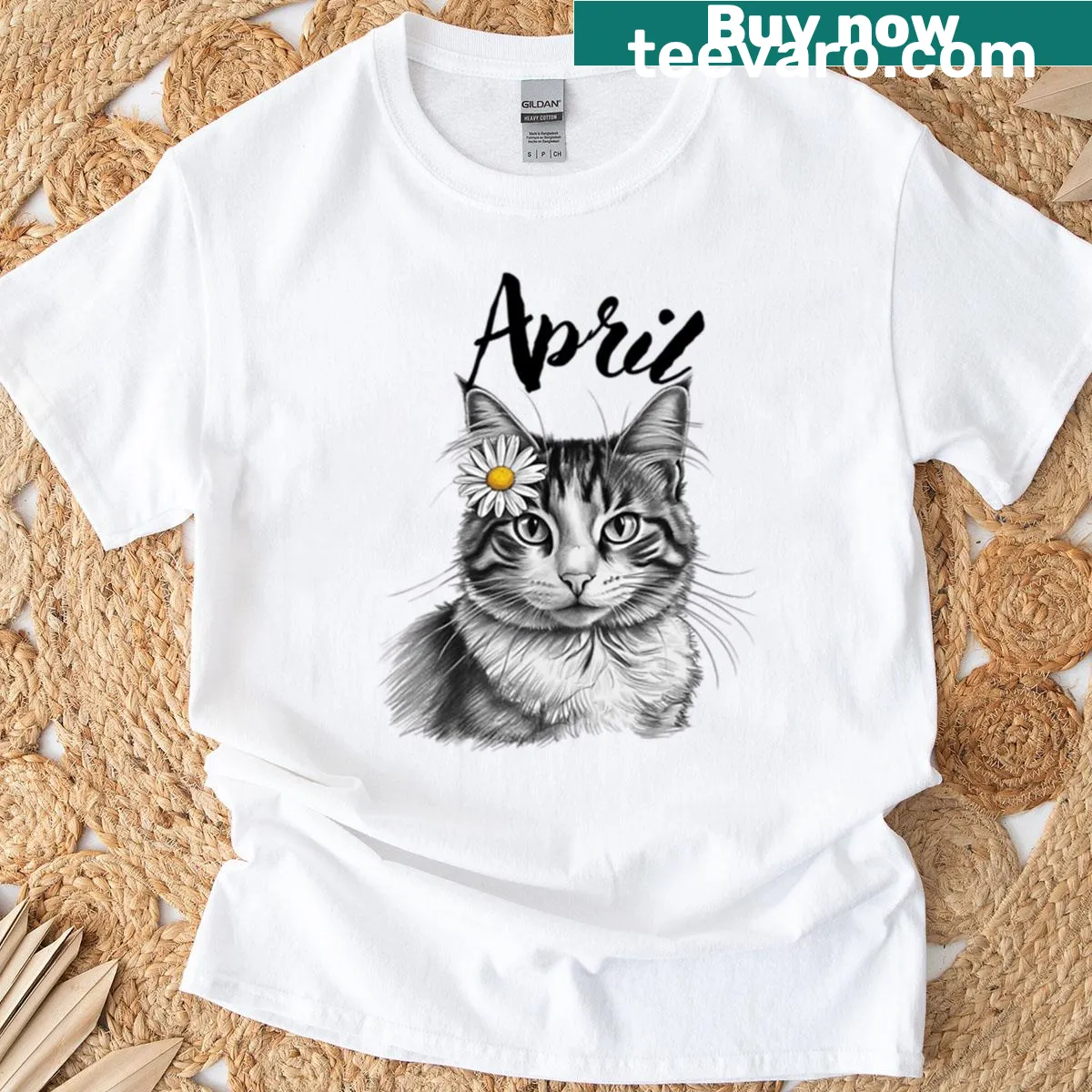 Whimsical T-shirt featuring a daisy and a cat illustration — on a men's t-shirt