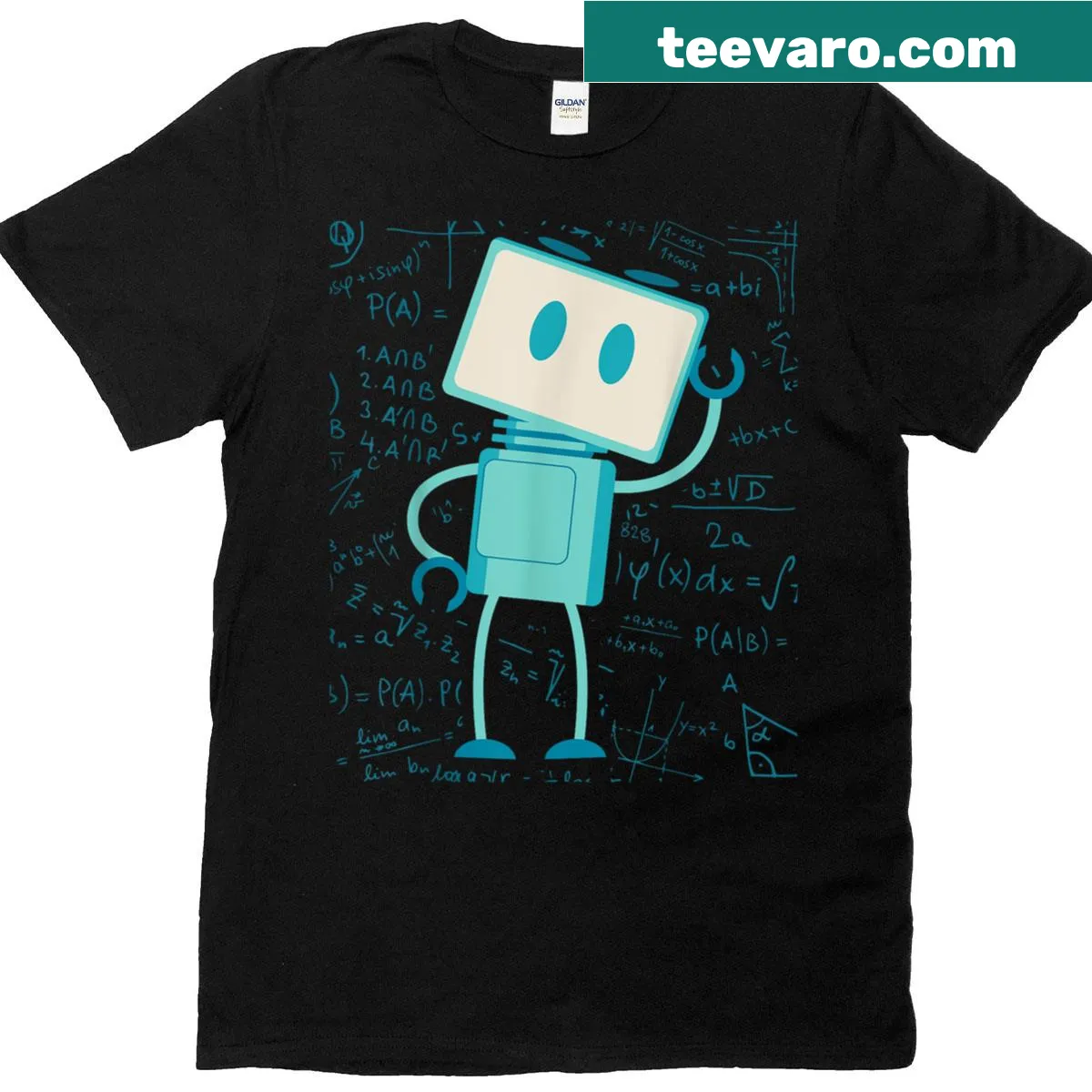 Illustrative T-shirt featuring a playful robot design representing AI — on a men's t-shirt
