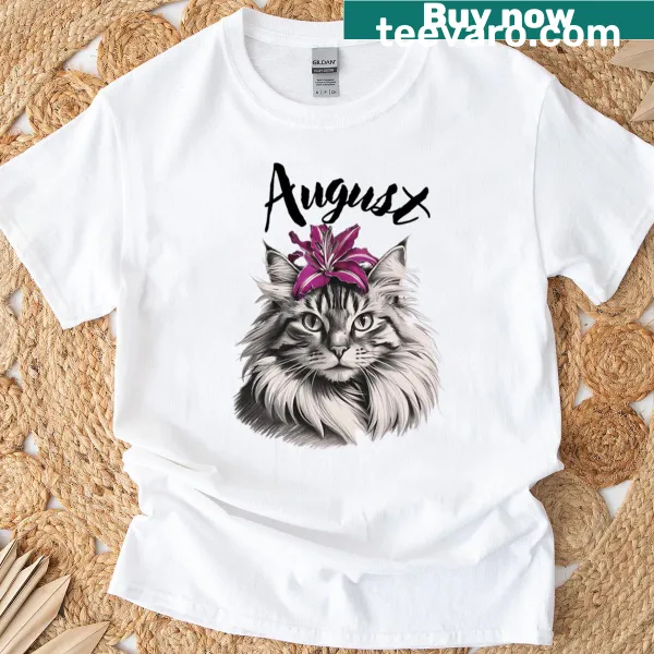 T-shirt with an illustration of a gladiolus flower and a cat