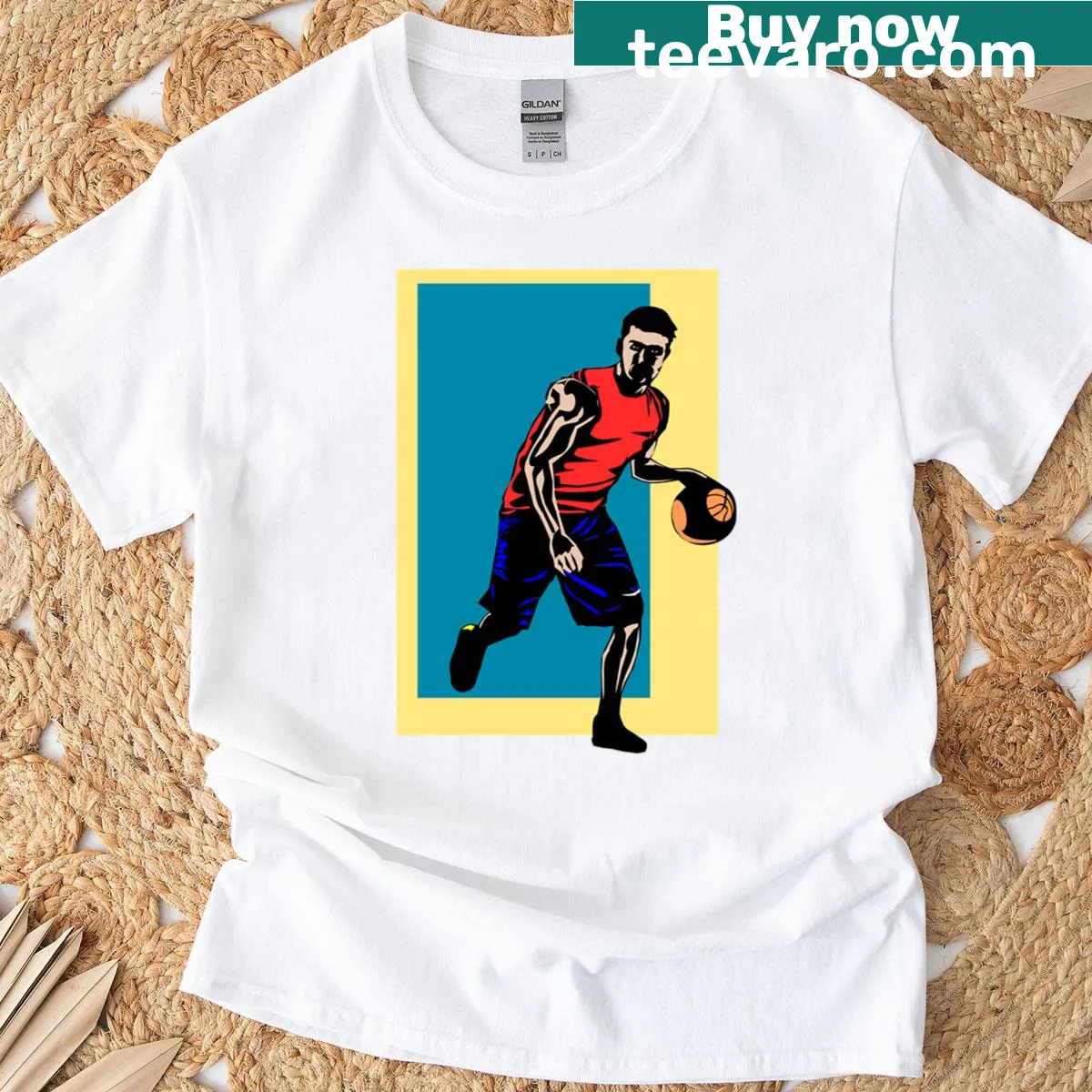 T-shirt featuring a dynamic basketball player in action — on a men's t-shirt